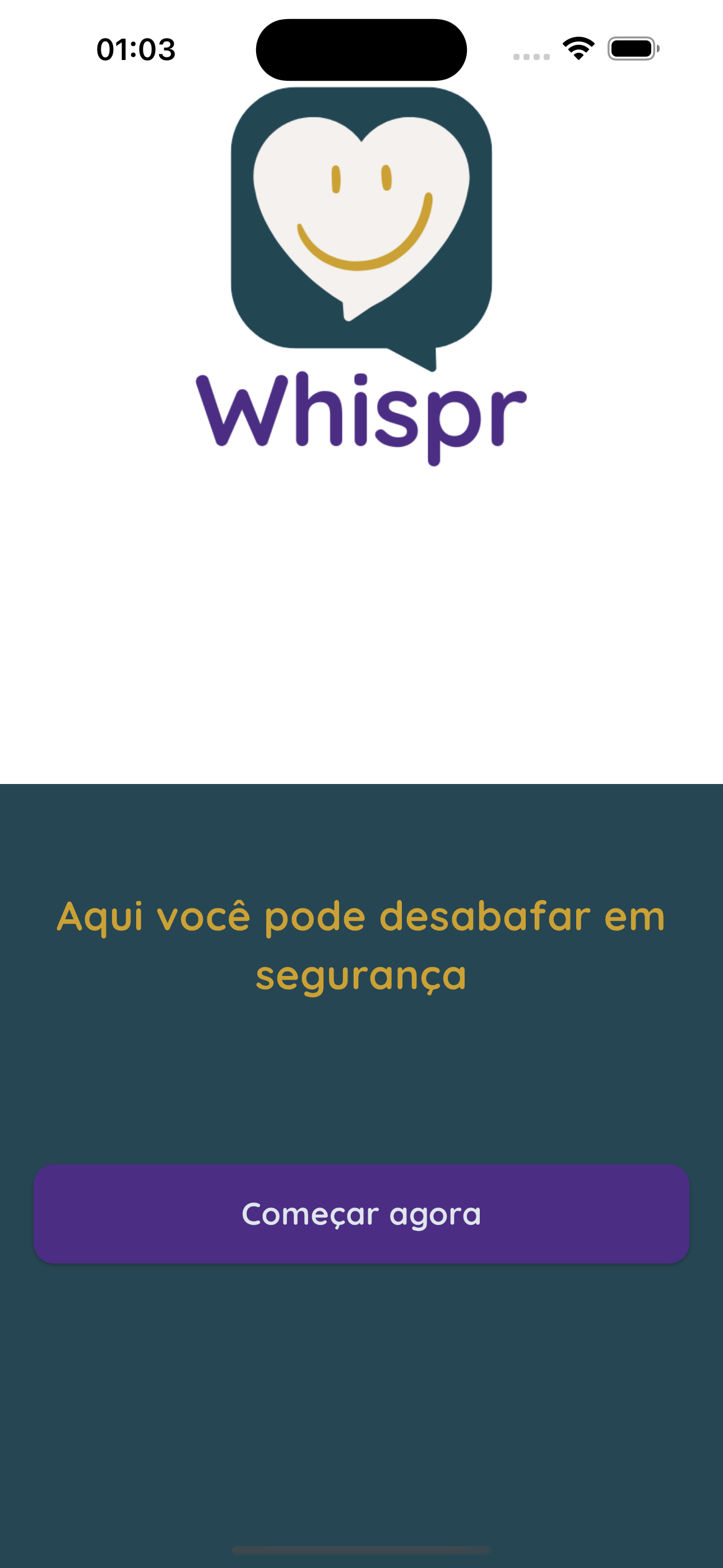 Tela inicial do Whispr com o logotipo e chamada para começar a desabafar com segurança