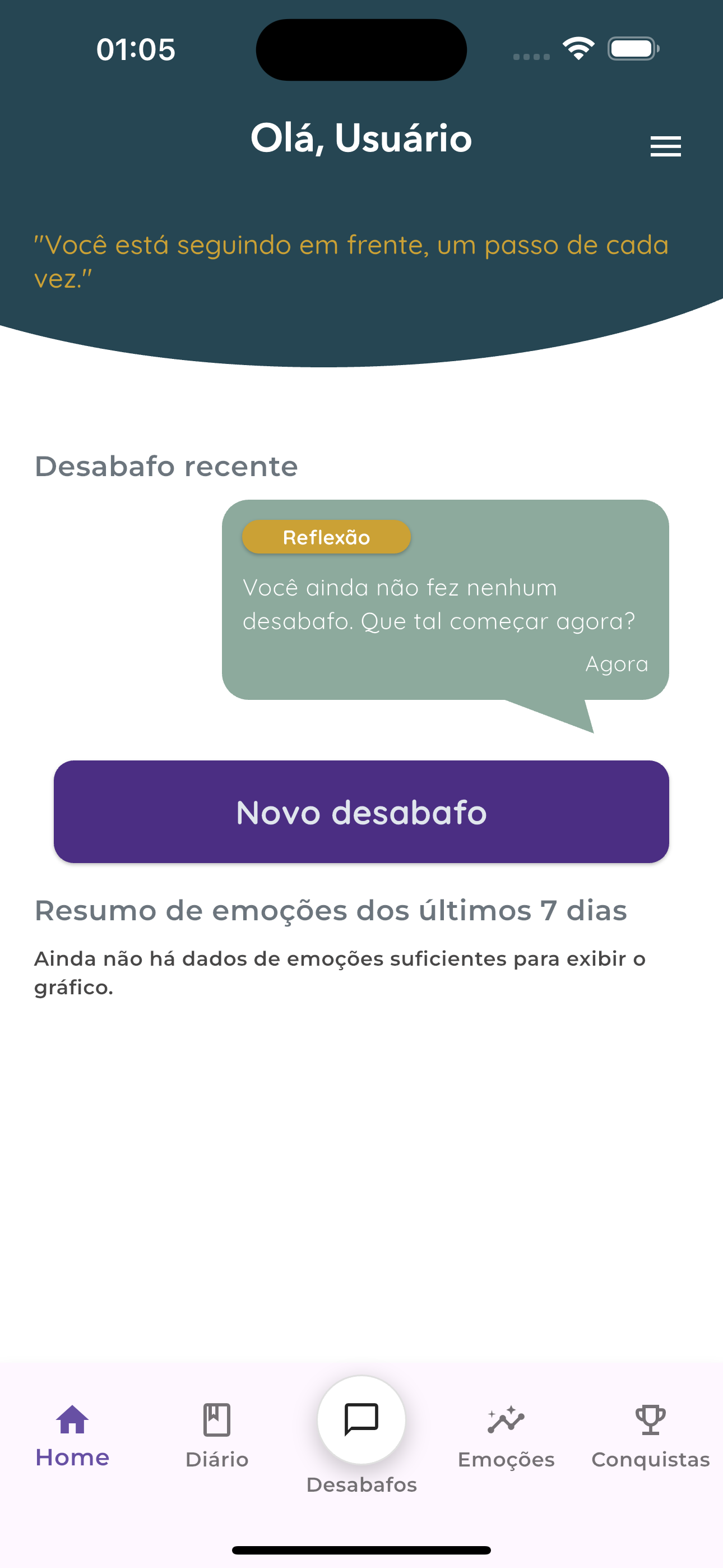 Tela inicial do app Whispr com resumo de desabafos, diário e emoções