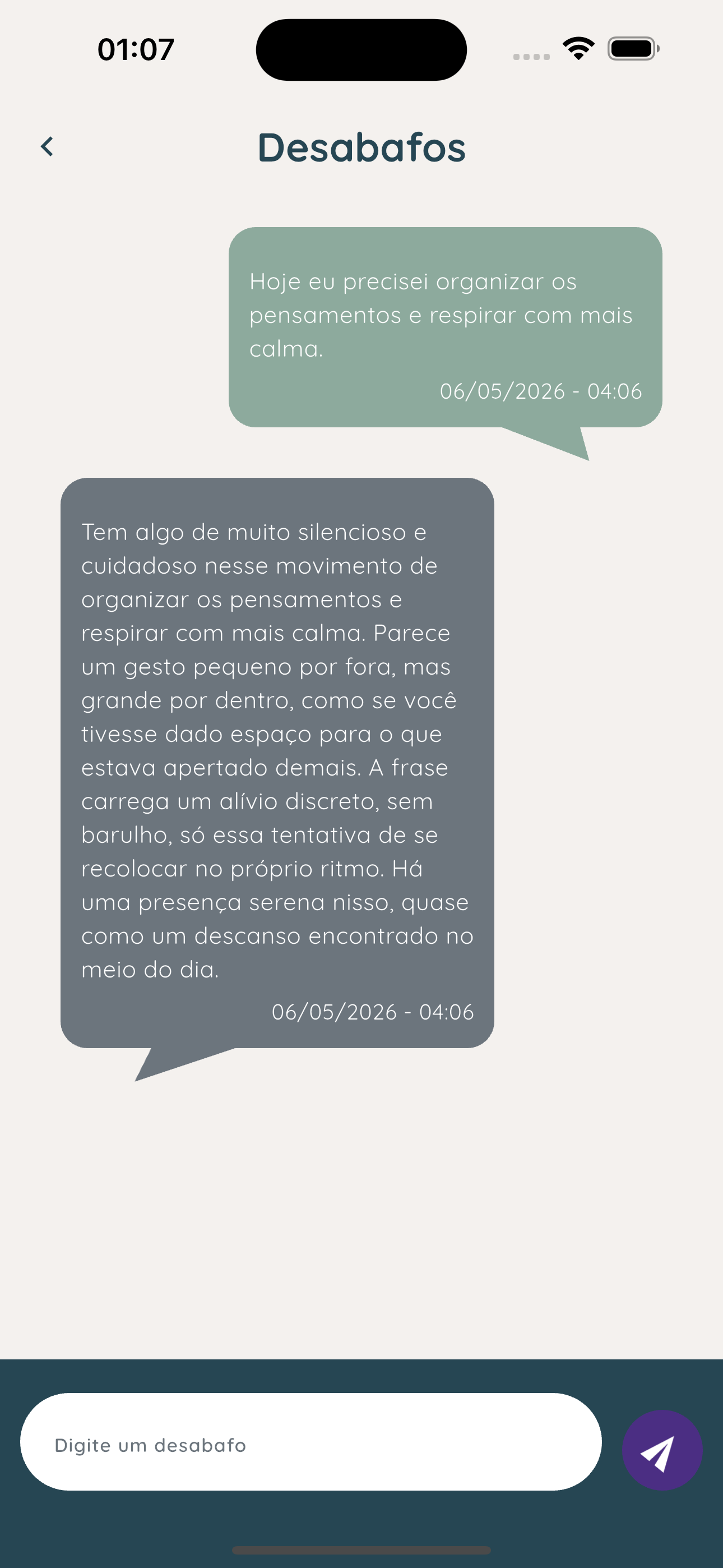 Tela de desabafo mostrando uma resposta acolhedora da IA